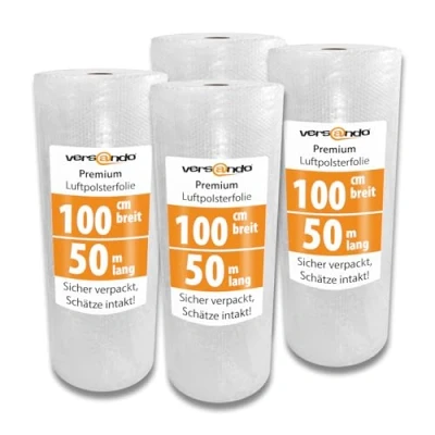 Abbildung von versando 4x Premium Luftpolsterfolie 50m x 1m Versand, Verpackung, Umzug Noppenfolie Bubble Wrap LPF Rolle