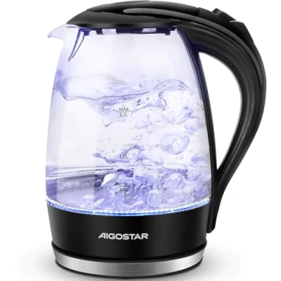 Abbildung von Aigostar Adam Wasserkocher Glas 1,7 Liter, 2200 Watt, LED Beleuchtung, 100% BPA Frei, Verdicktes Borosilikatglas mit Kalkfilter, 360 Edelstahl Sockel, Trockenaufschutz, Schwarz