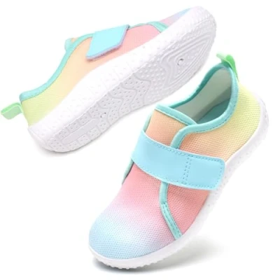 Abbildung von Kinder Wasserschuhe Aquaschuhe Mädchen Schwimmschuhe rutschfest Strandschuhe Klettverschluss Barfussschuhe(Regenbogen 28EU)