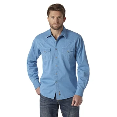 Abbildung von Wrangler Herren Retro Zwei taschen langarm shirt mit Druckknopfverschluss Hemd, blau, XL Tall