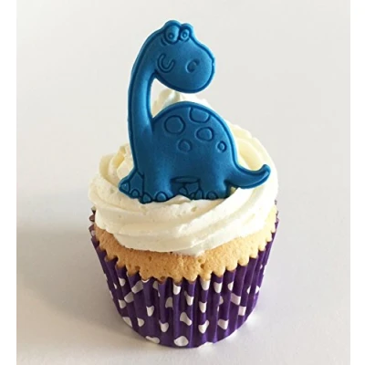 Abbildung von 6 Handgemachte Kuchendekorationen aus Zucker: Blaue Dinosaurier / Blue Sugar Dinosaurs