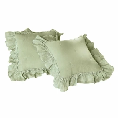Abbildung von Loberon Kissenhülle 2er Set Martone, Romantischer Look, Verspielte Rüschen, Weich Wattiert, Charmante Bindebänder, Kissenbezüge, Wohn Accessoires, Baumwolle, Leinen, grün