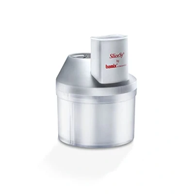 Abbildung von bamix Zubehör SliceSy für alle Stabmixer ab 180 Watt, inkl. 5 Scheiben, Küchenmaschine multifunktional zum Schneiden, Mahlen, Hacken, Lichtgrau