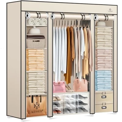 Abbildung von KESSER® Kleiderschrank Stoffschrank Stabil mit Kleiderstange &amp; Ablagen, Inkl. 5X Kleiderbügel, Stoff Faltschrank für Schlafzimmer, Ankleidezimmer Garderobe Kleiderständer 150x45x175cm Beige