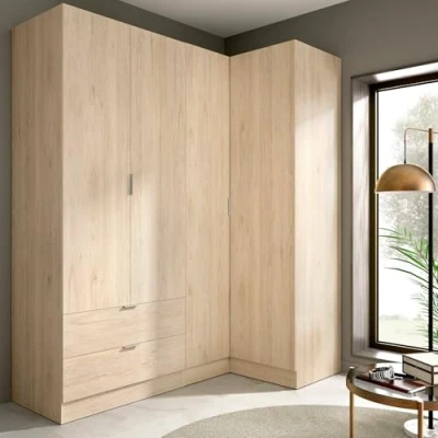 Abbildung von Dmora Kleiderschrank Sillara, Schlafzimmer Eckschrank, Garderobenschrank mit 4 Flügeltüren, 174 x 91 184 cm, Eiche, Technisches Holz, Türen