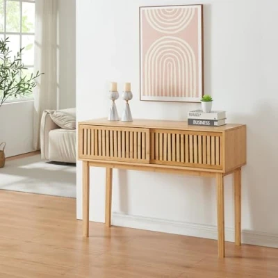 Abbildung von [en.casa] Konsolentisch Ypäjä Konsole mit 2 Schiebetüren Flurtisch Bambus Ablagetisch Beistelltisch Stauraum 110 x 39 81 cm Wohnzimmertisch Naturfarben
