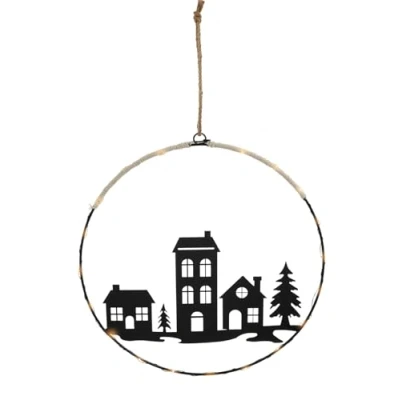 Abbildung von LED Silhouettenbild in schwarz mit Weihnachts Motiv 30 cm Deko Aufhänger 20 warm weiß beleuchtet Schatten Bild Silhouette Winter Szene