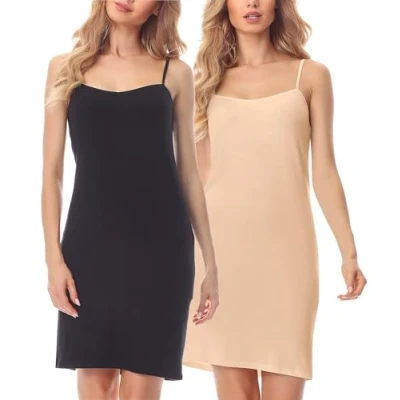 Abbildung von Merry Style Damen Unterkleid kurz Petticoat Knielänge einstellbare Träger 2Pack MS10 203(2Pack Schwarz/Nude, XS)
