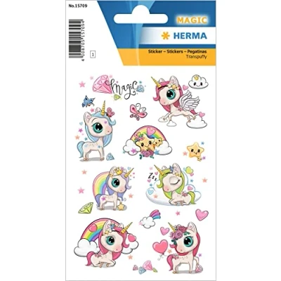 Abbildung von HERMA 15709 Aufkleber Einhorn klein groß, 16 Stück, Tiere Sticker mit süße Pony Einhörner Motiv, Kinder Etiketten für Fotoalbum Tagebuch Poesiealbum Scrapbooking Geburtstag Deko Briefe DIY Basteln