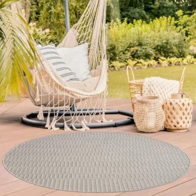 Abbildung von TT Home In &amp; Outdoorteppich Wetterfest Terrasse Balkon Esszimmer Boho Motiv Moderner Skandi Look Unifarben, Farbe:Beige, Größe:200 cm Rund