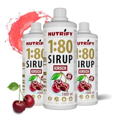 Abbildung von NUTRIFY Vital Fitness Drink 1:80 Sirup 3x 1 L Vorteilsset Kirsche, Getränkekonzentrat mit Vitaminen und Carnitin zuckerfrei ergibt 240 Liter Sportgetränk kalorienarm 3er Pack, 1000 ml