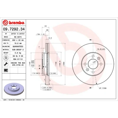 Abbildung von BREMBO 09.7292.34 Bremsscheibe 262 22 4 innenbelüftet mit Schrauben RENAULT: Megane Scenic, 1, I Grandtour