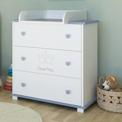 Abbildung von Kids Collective Wickelkommode Kommode Wickeltisch mit Wickelaufsatz 3 Schubladen, Kleiner Prinz Gravur in weiss blau Junge Made Europe