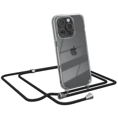 Abbildung von EAZY CASE Handykette kompatibel mit iPhone 15 Pro Handyhülle Umhängeband, Handykordel Schutzhülle, Silikonhülle, Hülle Band, Stylische Kette für Smartphone, Schwarz