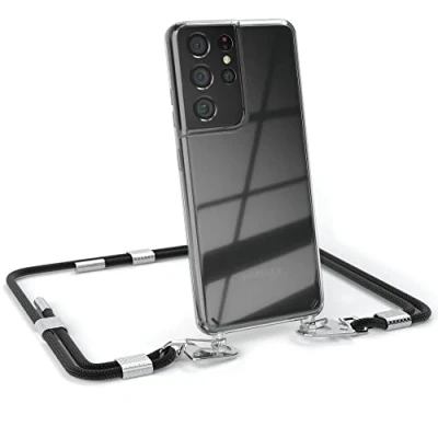 Abbildung von EAZY CASE kombinierbare Handyketten kompatibel mit Samsung Galaxy S21 Ultra 5G, Transparente Silikon Hülle stylischen Umhängeband, Abnehmbarer Karabiner, Umhängetasche, Schwarz Clips Silber