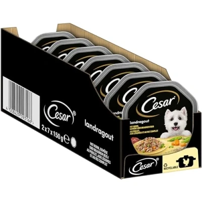 Abbildung von Cesar Adult Hundenassfutter Landragout, 14 Schalen, 14x150g Premium Hundefutter nass, mit Huhn, Gemüse und braunem Reis
