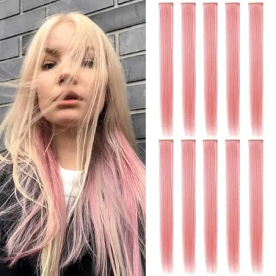 Abbildung von ZHAOWWEI 9 Pcs Princess Bunte Erweiterungen Mehrfarbige Party Highlights Streifen Synthetische Haarteile Clip In/Clip On Farbige Haarverlängerungen (rauchiges Rosa)