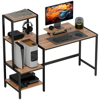 Abbildung von HOMCOM Schreibtisch Computertisch mit Monitorständer, CPU Ständer, Bürotisch Druckerablage, PC Tisch 4 Regalen, Modern Design für Home Office, 150 x 48 125 cm, Braun