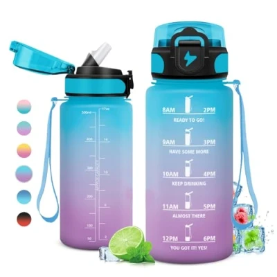 Abbildung von trinkflasche Kinder 500ml, mit Zeitmarkierung, strohhalm, Auslaufsicher Wasserflasche Kohlensäure Geeignet für Fahrrad, Schule, Maedchen, Sport