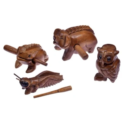 Abbildung von LOGOPLAY 4 Klangtiere im Set (Frosch, Schwein, Grille, Eule) Klang Tiere Musik /Percussion Instrumente aus Holz