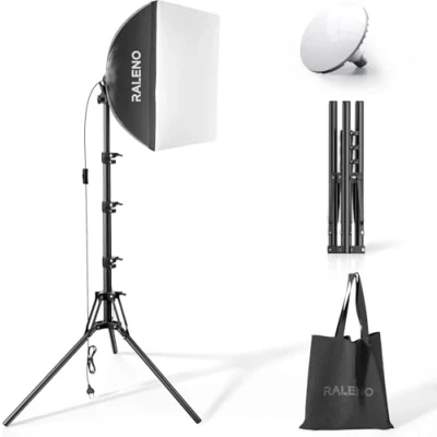 Abbildung von RALENO Softbox Fotostudio Set, 40 x cm Fotolicht mit Stativ und LED Glühbirne (50W, 5500K, 97 CRI), Fotolampe für Porträtfotografie, Game Streaming, YouTube Videofotografie
