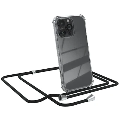 Abbildung von EAZY CASE Handykette kompatibel mit iPhone 13 Pro Handyhülle Umhängeband, Handykordel Schutzhülle, Silikonhülle, Hülle Band, Stylische Kette für Smartphone, Schwarz