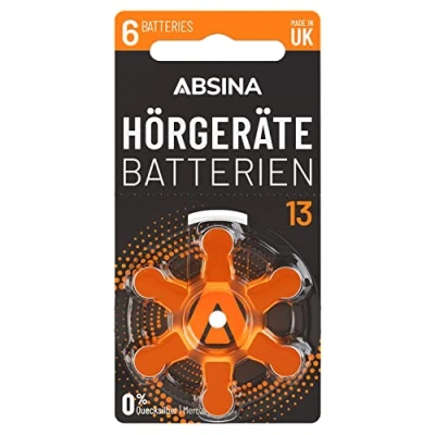 Abbildung von ABSINA Hörgerätebatterien 13 6 Stück mit gut greifbarer Schutzfolie Hörgeräte Batterien Zink Luft 1,45V Typ Orange PR48 ZL2 P13