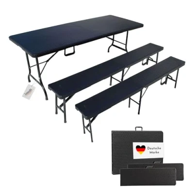 Abbildung von Bierzeltgarnitur Set mit 2x Bierbank und 1x Buffettisch in Rattan Optik
