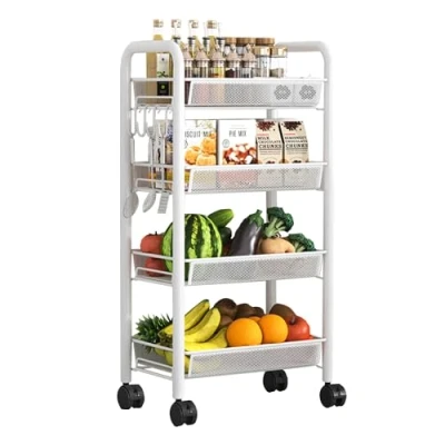 Abbildung von HYPIQQ Gemüseregal Bücherwagen Servierwagen Küchenwagen Gemüsekorb Rollregal Schmal Beistellwagen Allzweckwagen Mit Rollen Rollwagen Badezimmer,Weiß,4 Tier