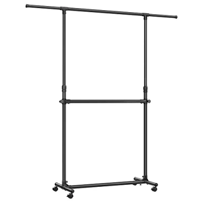 Abbildung von SONGMICS Kleiderständer mit 2 Kleiderstangen, ausziehbare Garderobenstange, Rollen, Garderobenständer, höhenverstellbar zwischen 113 und 180 cm, untere Stange verstellbar, schwarz LLR401B01