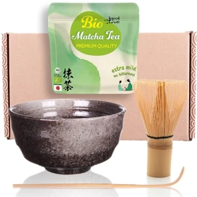 Abbildung von Goodwei Matcha Set mit Besen, Schale aus Keramik und BIO Tee Japan Geschenkset (Goma)