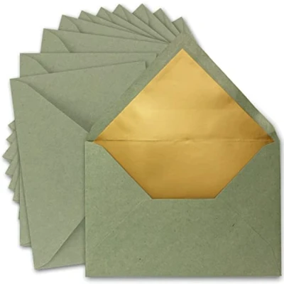 Abbildung von 50x DIN C5 Kuverts 15,6 x 22 cm aus Kraft Papier in Grün mit goldenem Seidenfutter Nassklebung Blanko Brief Umschläge Recycling Serie UmWelt