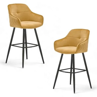 Abbildung von Stella Trading Emma Barhocker 2er Set mit schwarzem Metallgestell, Gelb Bequeme Samt Stühle für Esszimmer &amp; Wohnzimmer, Metall, Gold