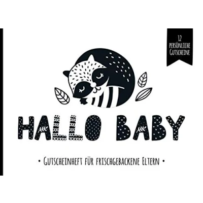 Abbildung von Hallo Baby Gutscheinheft für frischgebackene Eltern: kleines Gutscheinbuch als Geschenk zur Geburt mit 12 vollfarbigen Blanko Gutscheinen zum selbst ... im Trend Scandi Stil in schwarz weiß