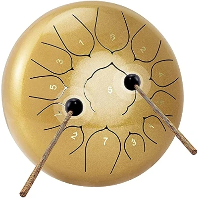 Abbildung von Coolmusic Zungentrommel aus Stahl mit 13 Tönen, 30,5 cm, Schlaginstrument, Handpantrommel Tasche, Musikbuch, Schlägel, Fingerplektren (Golden)