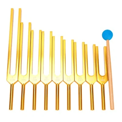 Abbildung von Stimmgabel Set, Aluminiumlegierung 9 Stimmgabeln mit Silikonhammer für DNA Heilung und Klangtherapie, 174 Hz, 285 396 417 528 639 741 852 963 Hz