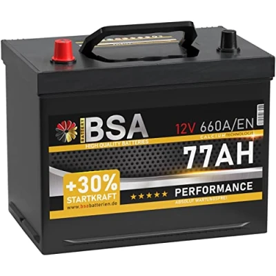 Abbildung von BSA ASIA Autobatterie 77Ah 12V 660A/EN Batterie Plus Pol Links 30% mehr Startleistung ersetzt 70Ah 80Ah