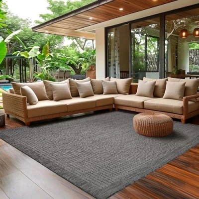 Abbildung von SIMPEX Outdoor Teppich Wetterfest Terrasse Balkon Garten Küchenteppich Einfarbiges Design Flachgewebe Sisal Look Waschbarer Teppich, Größe: 160 x 230 cm, Farbe: Schwarz