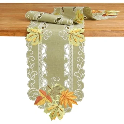 Abbildung von Quinnyshop Herbst Blätter Tischband Tischläufer Tischdecke Kissenhülle Leinen Optik Grün Beige Größe wählbar (ca. 30 x 160 cm)