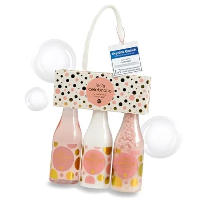 Abbildung von accentra Let&#039;s celebrate Geschenkset Frauen in Plastik Sekt Fläschchen Bade &amp; Duschset mit Tea Rose Velvet inkl. Duschgel, Bodylotion Badesalz 3 Teiliges Wellness Set für Damen Mädchen