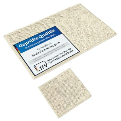 Abbildung von WohnDirect Badematten Set 2 teilig Creme WC Vorleger (45x45cm), Badematte (70x120cm) rutschfest waschbar Badezimmerteppich OHNE Ausschnitt