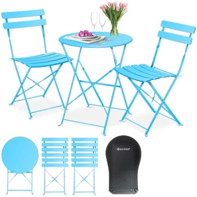 Abbildung von KESSER® Bistroset 3 teilig Bistrotisch 2 klappbare Stühle Balkonset Balkonmöbel Klapp Möbel Gartenset Sitzgarnitur Gartengarnitur Gartenmöbel Sitzgruppe Metall Gartentisch mit Abdeckung Hellblau