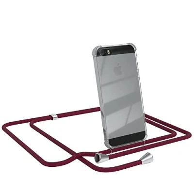 Abbildung von EAZY CASE Handykette kompatibel mit iPhone 5 / 5S SE (2016) Handyhülle Umhängeband, Handykordel Schutzhülle, Silikonhülle, Hülle Band, Stylische Kette, Burgunder Rot