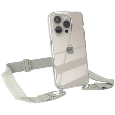 Abbildung von EAZY CASE Hülle mit Band kompatibel iPhone 15 Pro Handyhülle Umhängeband für Silikonhülle Transparent Schutzhülle Handykette zum Umhängen Handykordel Smartphone in Taupe Grau
