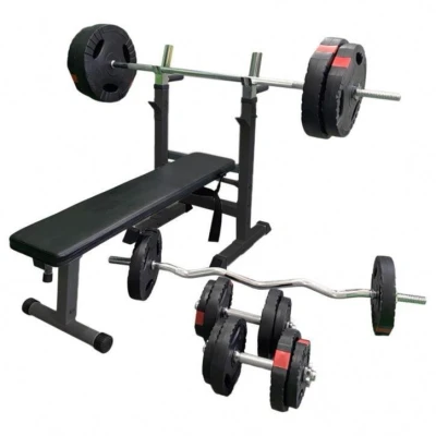 Abbildung von GORILLA SPORTS Hantelbank Langhantelset 100 kg, mit Ablage und Dip Station, Klappbar