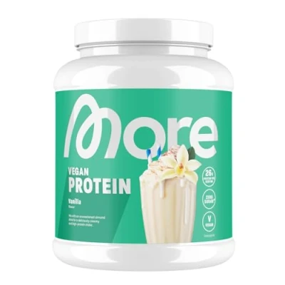 Abbildung von MORE Vegan Protein, 600 g, Vanilla, Proteinpulver mit bis zu 26 g Protein pro Portion, Soja und Mandelprotein made in Germany