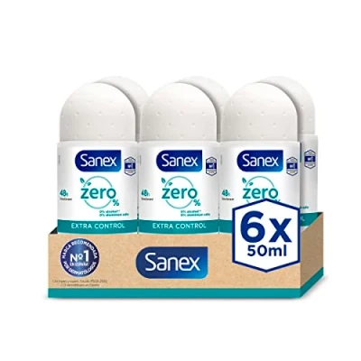 Abbildung von Sanex Zero% Extra Control Deodorant Roll On 50 ml, 48H Schutz, 0% Alkohol, Aluminiumsalze, pflegt und hält die Haut gesund, hemmt Bildung von Körpergeruch, 6 Stück