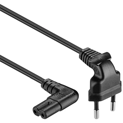 Abbildung von Netzkabel 2,00m schwarz, Eurostecker auf 2 Pin Euro Doppelbuchse C7, 90 abgewinkelt, für Flat TVs, Monitore, Radios, etc