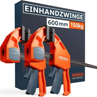 Abbildung von Presch Einhandzwingen 600mm 2 Stk. Zwingen Set mit 150kg Spannkraft für sofortiges Fixieren Robuste Schnellspannzwingen dank Carbonstahl &amp; glasfaserverstärktem Gehäuse Spreizfunktion