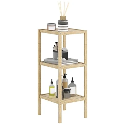 Abbildung von HOMCOM Badregal, Badezimmerregal mit 3 Ebenen, Standregal aus Bambus, Fußpolster, für Badezimmer, Wohnzimmer, Küche, 33 x 31 78 cm, Naturholz